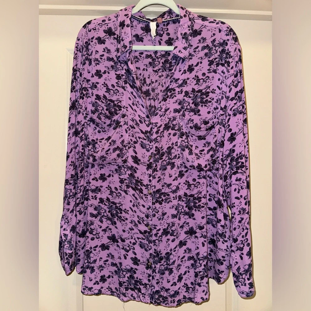 PILCRO Anthropologie Romy Button Down Purple Floral Size XLP - Picture 2 of 14